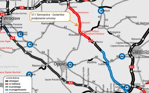 Mapa drogowa z zaznaczonym odcinkiem S11 Siemianice - Gotartów w realizacji. Widoczne są drogi krajowe i autostrady.