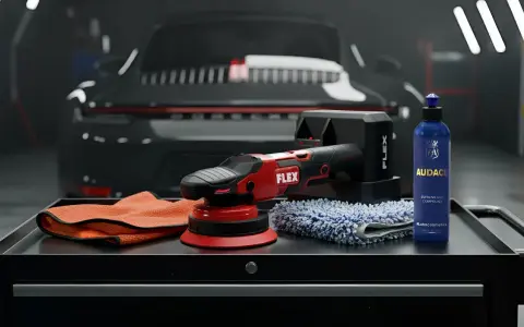 Polerka, mikrofibry i preparat Audace – wszystko, co potrzebne do profesjonalnego auto detailing.