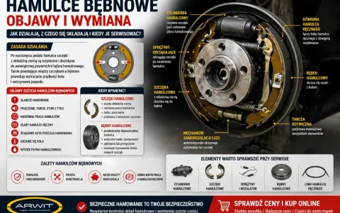Hamulce bębnowe lub szczękowe: objawy zużycia, wymiana i zasada działania. Ilustracja przedstawia budowę i elementy układu hamulcowego.