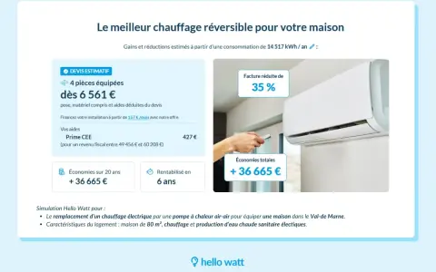 Devis estimatif pour un système de chauffage air-air gainable : 4 pièces équipées dès 6 561 €, avec des économies totales de 36 665 €.