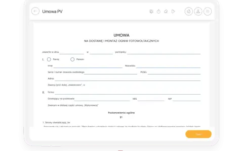Umowa PV na dostawę i montaż ogniw fotowoltaicznych. Formularz do wypełnienia, z polami na dane inwestora i firmy, w tym PESEL i NIP. Zapisz.