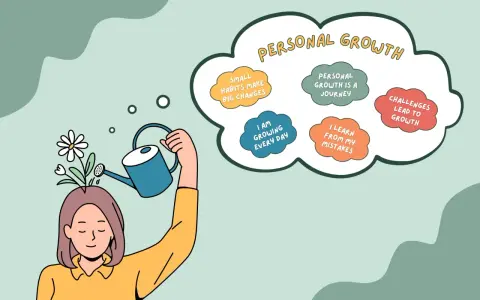 A person waters a flower growing from their head, symbolizing a mindset shift towards personal growth.