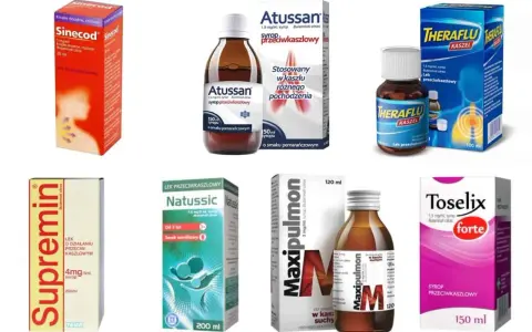 Szukasz co na suchy kaszel u dziecka? Na zdjęciu syropy: Sinecod, Atussan, Theraflu, Supremin, Natussic, Maxipulmon, Toselix.