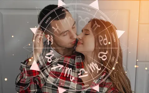 Para zakochanych, nad którymi unosi się koło zodiaku, symbolizujące połączenie znaków zodiaku.