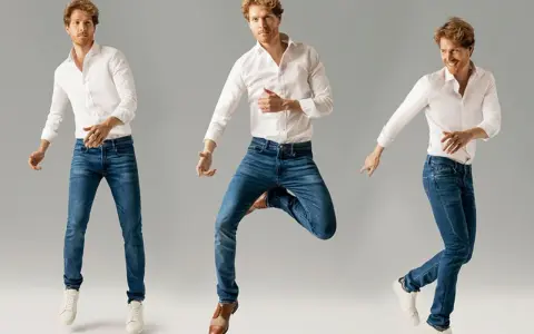 Uomo con camicia bianca e jeans blu, in diverse pose dinamiche. Il taglio tapered fit dei jeans valorizza la figura.