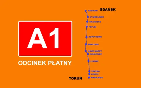 Mapa pokazuje płatny odcinek autostrady A1 od Torunia do Gdańska z zaznaczonymi miejscowościami.