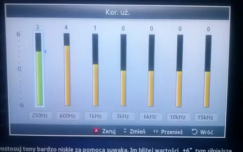 Gotowe ustawienia equalizera. Suwak dla 250Hz jest ustawiony na 3, wzmacniając niskie tony.