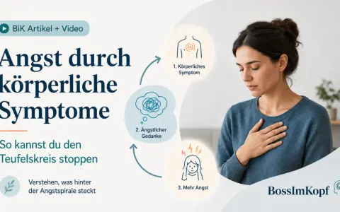 Frau mit Hand auf der Brust, die einen Teufelskreis aus körperlichen Symptomen, ängstlichen Gedanken und mehr Angst zeigt. Eine Gedankenstopp-Technik kann helfen.