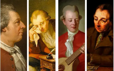 Fyra porträtt av Carl Michael Bellman. En gråter, en spelar luta, en skriver.