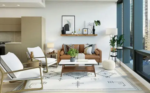Sofá de cuero, sillas blancas y alfombra geométrica crean un ambiente moderno. Estilos de decoración que combinan confort y diseño.