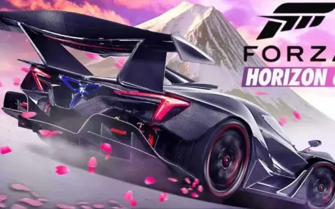 Un coche deportivo futurista con alerón, pétalos rosas volando y el logo de Forza Horizon 6. ¡Ya falta poco para cuando sale Forza Horizon 6!