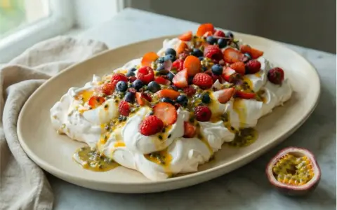 En stor pavlova bakelse med vispgrädde, färska bär och passionsfruktssås.