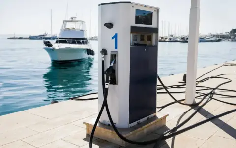 Borne de recharge pour bateaux, avec un tuyau prêt à l'emploi. L'eau bleue et les voiliers en arrière-plan rappellent que l'essence trop vieille n'est pas une option ici.
