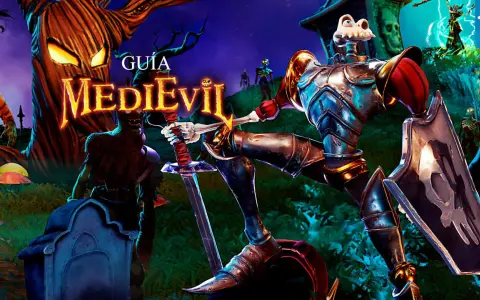 Guía MediEvil PS4: un caballero esquelético con armadura lucha contra zombis en un cementerio espeluznante.