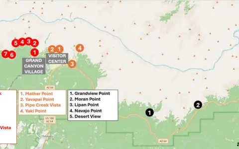 Mapa punktów widokowych w Wielkim Kanionie, z zaznaczonymi miejscami jak Grand Canyon Village i Visitor Center.