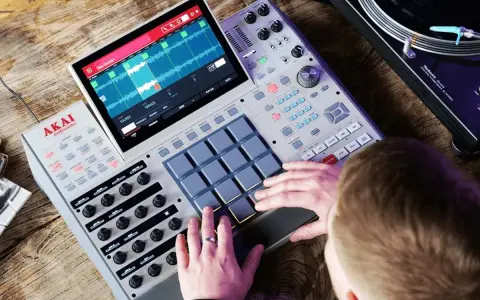 Producent muzyczny tworzy beaty na MPC 60, obok gramofon Technics.