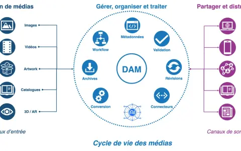 Schéma illustrant le cycle de vie des médias, de la création à la distribution, centré sur un système DAM.