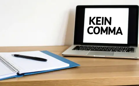 Ein Laptop zeigt "KEIN COMMA", während daneben ein Notizbuch mit Stift liegt.