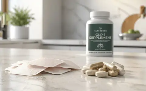 Plasterki, kapsułki i butelka suplementu GLP-1 na blacie kuchennym.