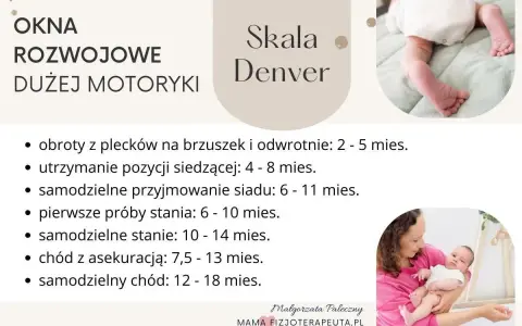 Skala Denver: rozwój dużej motoryki niemowlaka, w tym obroty, siad, stanie i chód.