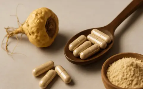 Maca-Wurzel, Kapseln auf einem Holzlöffel und Maca-Pulver in einer Schale. Was ist Maca? Ein Superfood für mehr Energie.