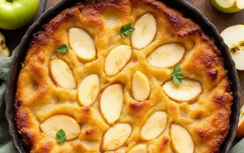 Un délicieux clafoutis aux pommes, doré et garni de fines tranches de pommes et de quelques feuilles de persil.