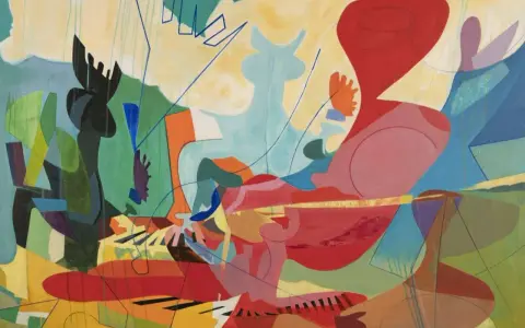 Pintura abstracta con formas orgánicas y líneas azules, que explora qué es el arte abstracto a través de colores vibrantes y composiciones dinámicas.