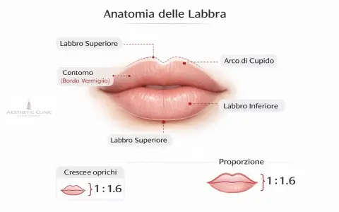 Anatomia labbra: contorno, arco di Cupido, labbro superiore/inferiore. Ideale per filler labbra naturale con proporzione 1:1.6.