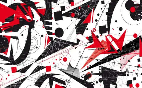 Un urlo nero, una figura retorica astratta con forme geometriche rosse e nere su sfondo bianco, evoca un'energia caotica e dinamica.