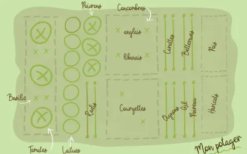 Plan potager débutant : tomates, laitues, poivrons, concombres, courgettes, carottes, betteraves, pois, oignons, ail, poireau, haricots, basilic et radis.