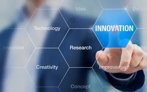 Dłoń dotyka ekranu z napisem "INNOVATION", otoczonego przez sześciokąty z hasłami: Idea, Technology, Research, Creativity, Invention, Improvement. To wizualizacja procesu, który może być częścią wzornictwo przemysłowe studia.
