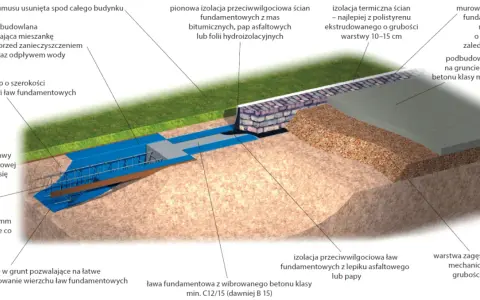 Zbrojenie ławy fundamentowej z prętów i strzemion co 30 cm, izolacja przeciwwilgociowa, folia budowlana, beton.