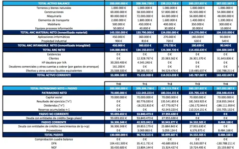 Plantilla de balance de situación con datos financieros de varios periodos (T=0 a T=4).