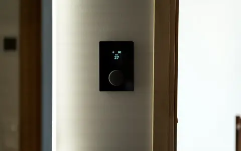 Nowoczesny termostat steruje ogrzewaniem elektrycznym, pokazując temperaturę 27 stopni.