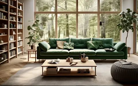 Canapé vert sapin pantone, entouré de verdure luxuriante à travers une grande fenêtre. Bibliothèque en bois, table basse et pouf complètent ce salon paisible.