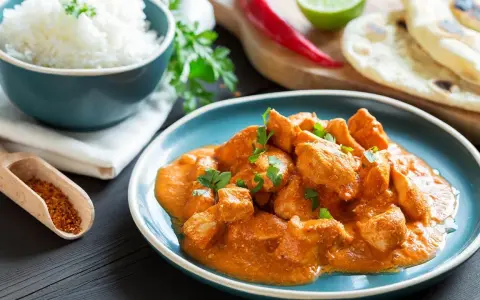 Sabroso pollo al curry cremoso servido en un plato azul, acompañado de arroz blanco, pan naan y especias.