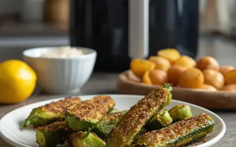 Zucchine in friggitrice ad aria senza pangrattato, croccanti e dorate, pronte per essere gustate.