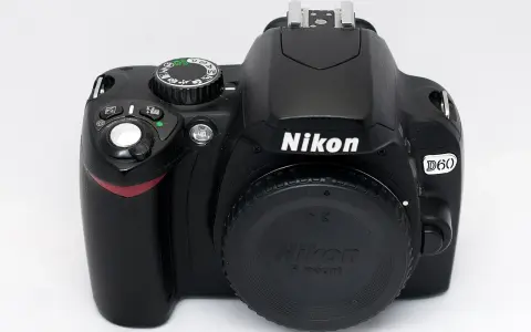 Czarny aparat Nikon D60 z obiektywem z zaślepką.