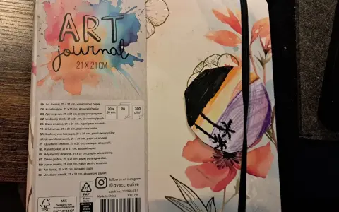 Pierwsza strona szkicownika z napisem "ART journal" i kolorowymi kwiatami. Na okładce widoczny fragment rysunku.