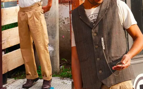 Uomo con gilet a quadri, camicia bianca e pantaloni beige, un look che ricorda come si vestivano gli uomini negli anni 50.