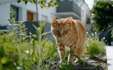 Eine orange getigerte Katze schleicht durch den Garten. Hoffentlich hinterlässt sie keinen Katzenkot im Garten.
