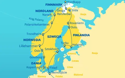 Trasa podróży przez Norwegię i Szwecję, obejmująca Nordkapp, Rovaniemi, Sztokholm i Oslo.