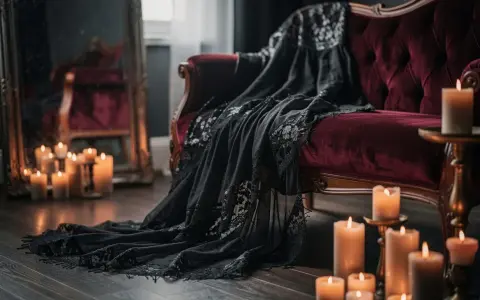 Un canapé de velours rouge profond, drapé d'une étoffe noire en dentelle, baigné par la lueur de bougies. Ambiance style boudoir chic.