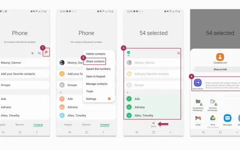 Steg för att kopiera kontakter Samsung: tryck på tre punkter, välj "Dela kontakter", markera kontakter och välj delningsmetod.
