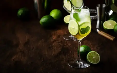 Orzeźwiający Hugo Spritz z limonką i miętą, otoczony świeżymi limonkami na drewnianym blacie.