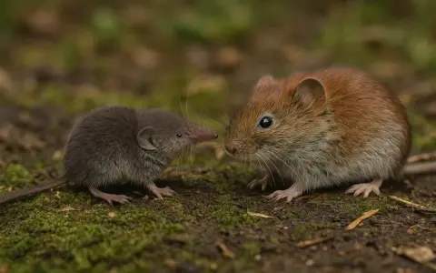Mała szara ryjówka i ruda nornica patrzą na siebie.