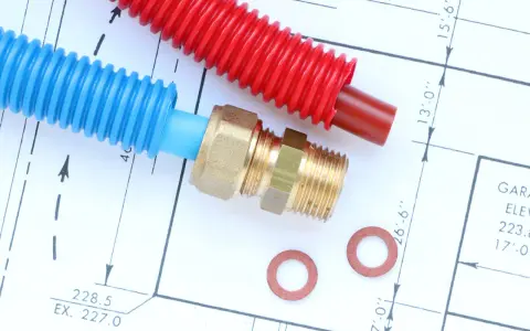 Tuyaux din40 bleus et rouges, raccord laiton et rondelles sur un plan technique.