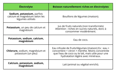 Tableau comparant les électrolytes dans diverses boissons naturelles, comme l'eau de coco ou les bouillons, pour une hydratation optimale.