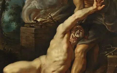 Kain w biblijnej opowieści zabił swojego brata Abla. Na obrazie widzimy dramatyczną scenę morderstwa, z płonącym ołtarzem w tle.