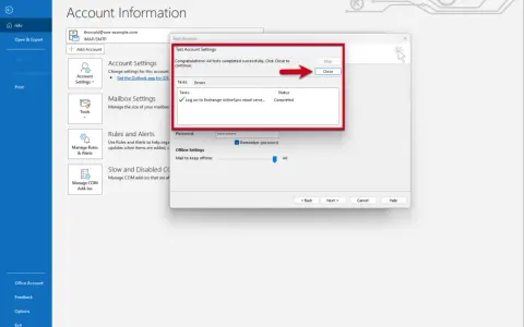 Configuration d'un compte de messagerie, type IBM Notes Mail, réussie dans Outlook. Le test de connexion est terminé.